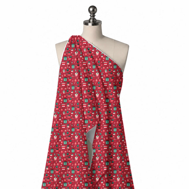 Draped on a mannequin: small-scale all-over festive print of teal green pots and gift, design Design No_4694, Clothwala