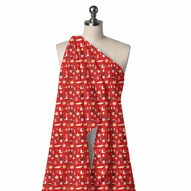 Draped on a mannequin: one-way all-over festive print of small cream boots, design Design No_4687, Clothwala