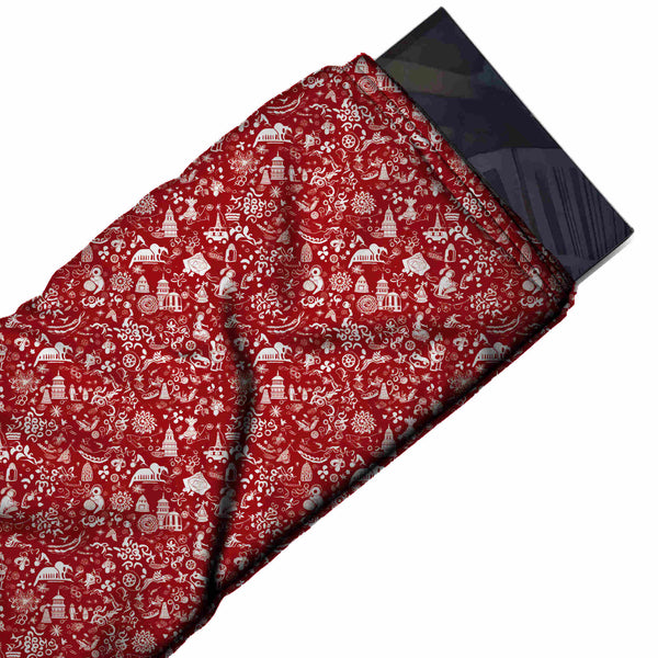 Red & Cream Domes Birds & Florals Printed Pure Natural Crepe Fabric