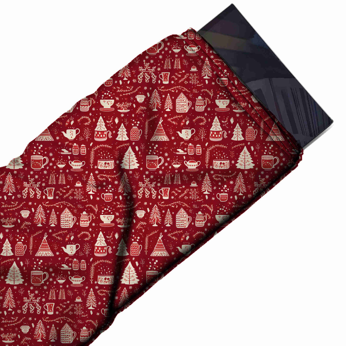 Flat fabric swatch: all-over two-colour festive print of cream fir trees, teapots, mugs, design Design No_4604, Clothwala