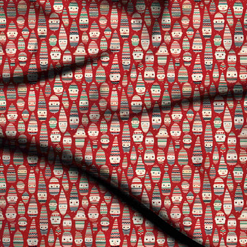 Red & Cream Zigzag Hat Gnome Faces Printed Pure Natural Crepe Fabric