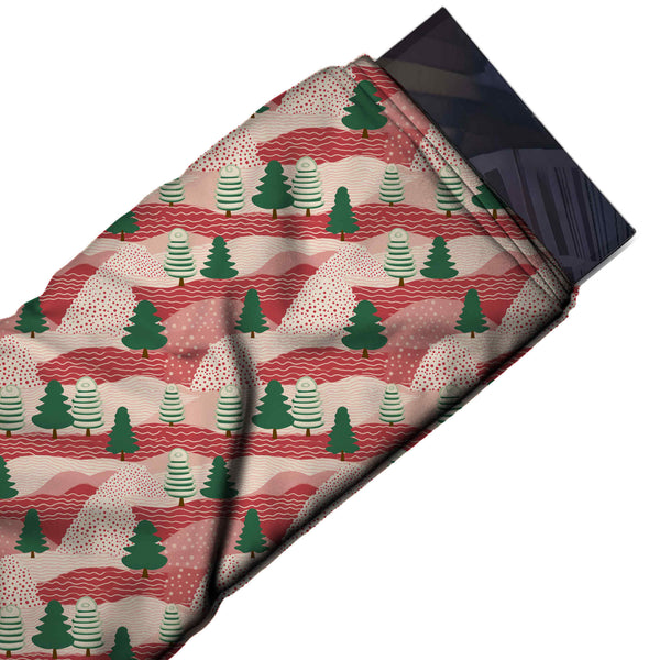 Red & Dark Green Pink Hills & Pines Printed Printed American Crepe Fabric Fabric