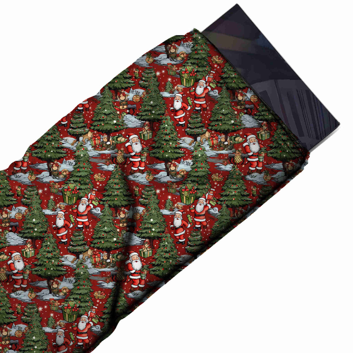 Flat fabric swatch: dense all-over one-way print of shaded dark green pine trees, Santas, design Design No_4807, Clothwala