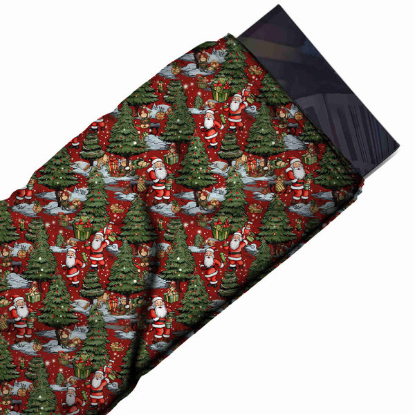 Red & Dark Green Santa & Pines On Red Printed Printed American Crepe Fabric Fabric