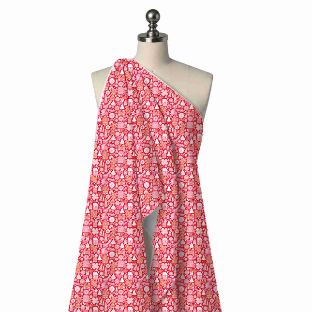 Draped on a mannequin: tightly packed all-over doodle print of pink and white houses, design Design No_4956, Clothwala