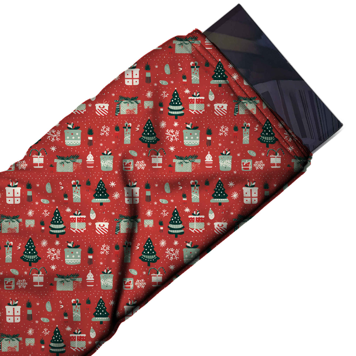 Flat fabric swatch: one-way print of small dark green Christmas trees with white dots, design Design No_4676, Clothwala