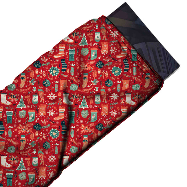 Flat fabric swatch: dense all-over festive print of small Christmas stockings in coral, design Design No_4674, Clothwala