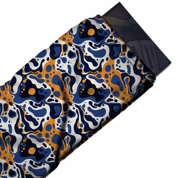 Royal Blue & Orange Fluid Blob Camo Printed Crepe Fabric