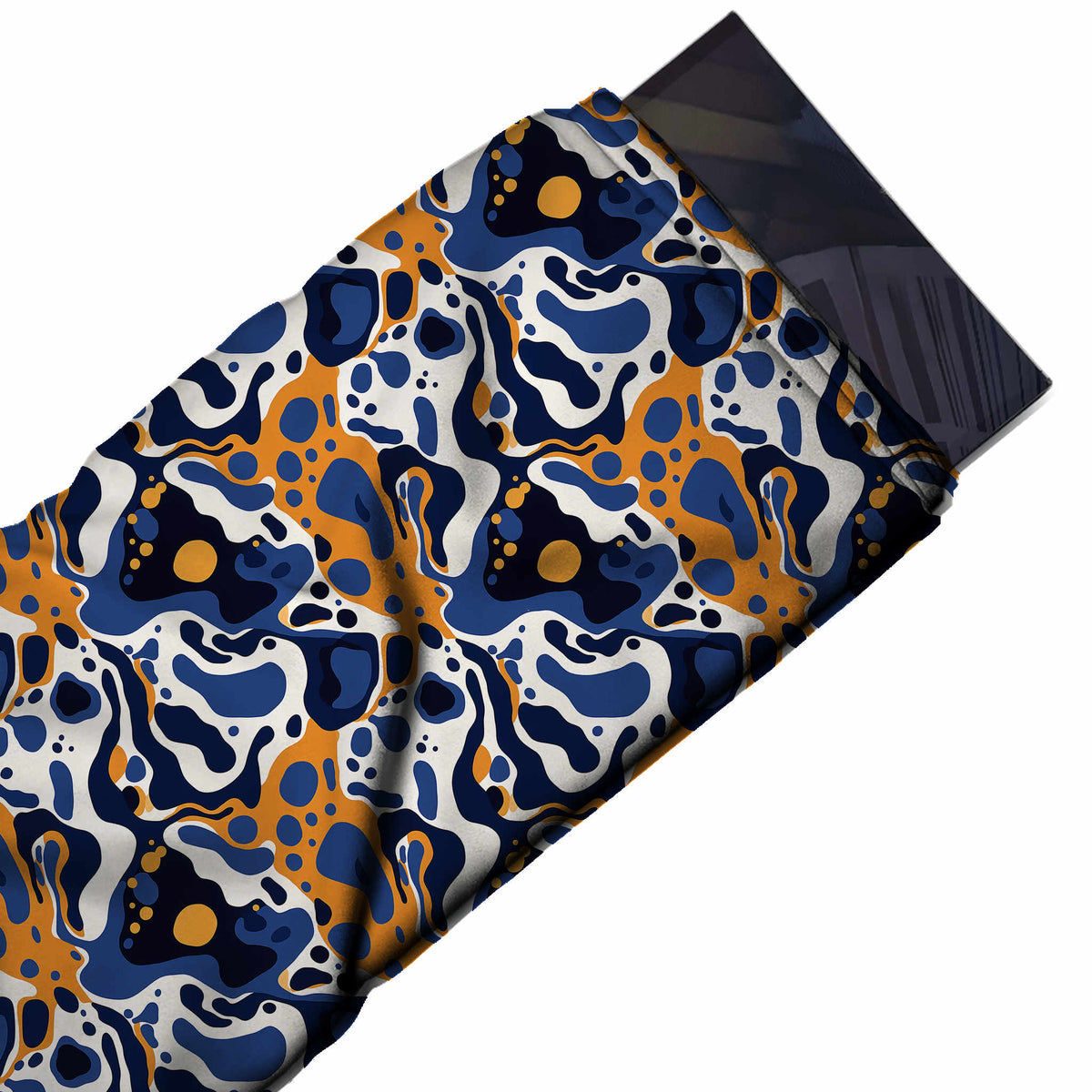 Flat fabric swatch: all-over interlocking fluid blob shapes at medium to large scale in dark navy, design 3692, Clothwala