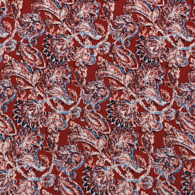 Rust Red & Cream & Muted Blue Stylized Floral Paisley Print Fabric — design 1120A4DG-SBGP/DS-88, Clothwala