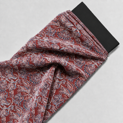 Rust Red & Cream & Muted Blue Stylized Floral Paisley Print Fabric — design 1120A4DG-SBGP/DS-88, Clothwala