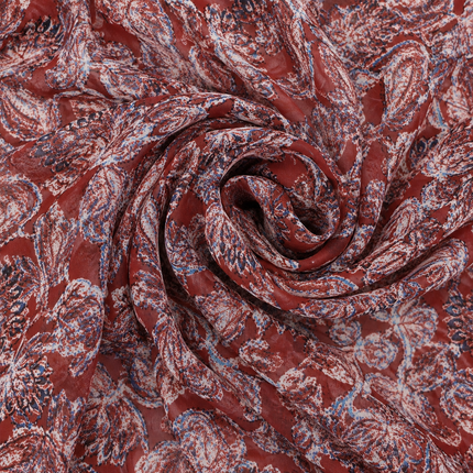 Rust Red & Cream & Muted Blue Stylized Floral Paisley Print Fabric — design 1120A4DG-SBGP/DS-88, Clothwala