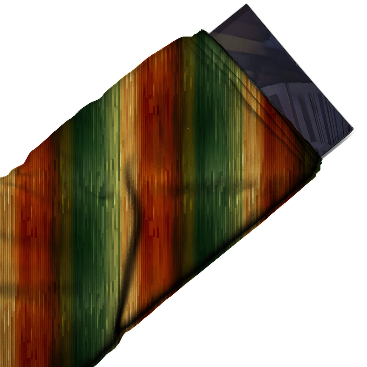 Flat fabric swatch: wide vertical stripes in rust red, dark green, design Design No_3919, Clothwala
