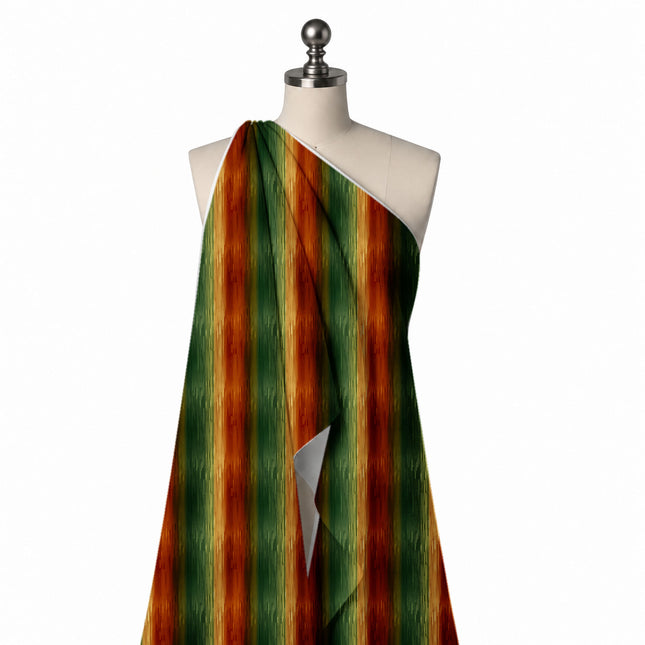 Draped on a mannequin: wide vertical stripes in rust red, dark green, design Design No_3919, Clothwala
