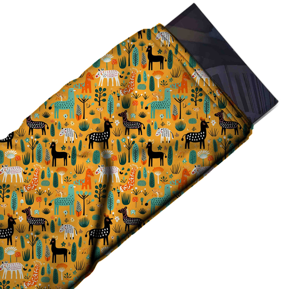 Flat fabric swatch: all-over one-way print of small naive-style black dotted horses, design Design No_3897, Clothwala