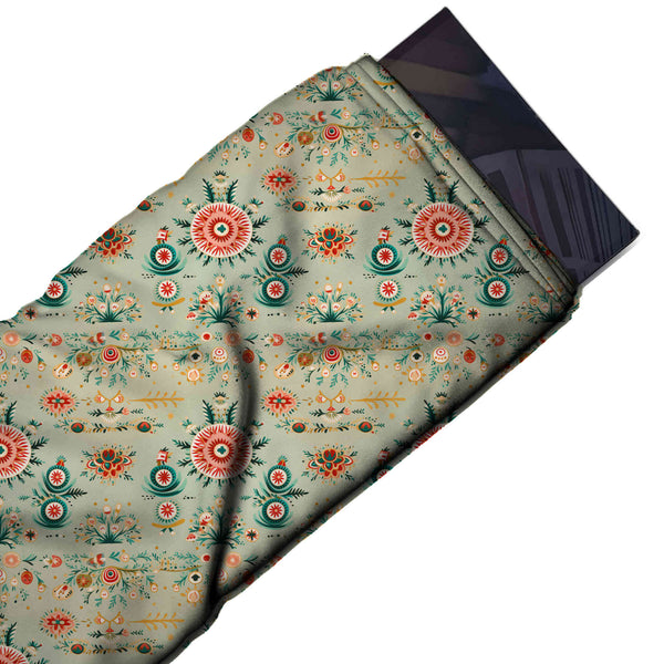Sage Green & Coral Red Sunburst Medallions & Sprigs Printed Viscose Muslin Fabric