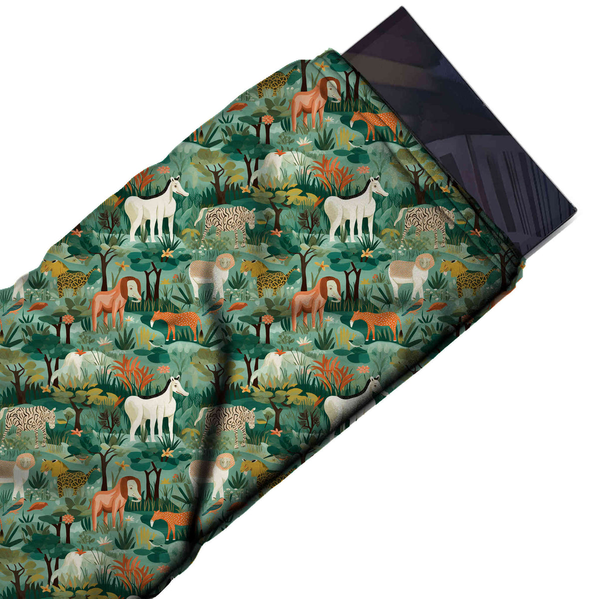 Flat fabric swatch: dense one-way jungle scene with white horses, peach maned lions, design Design No_3903, Clothwala