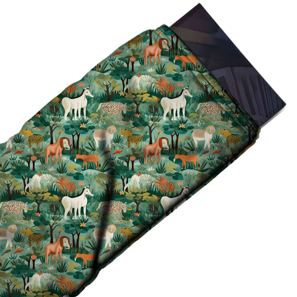 Sage Green & Dark Green Jungle Horse & Lion Printed Spandex Fabric