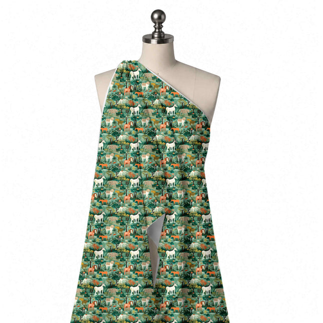 Draped on a mannequin: one-way all-over jungle scene of white horses, design Design No_3905, Clothwala