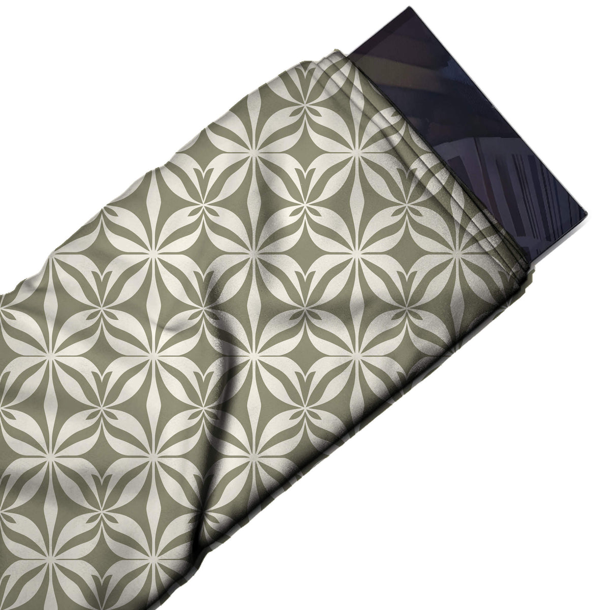 Flat fabric swatch: all-over two-colour tile repeat of medium ivory pointed petals, design Design No_4196, Clothwala