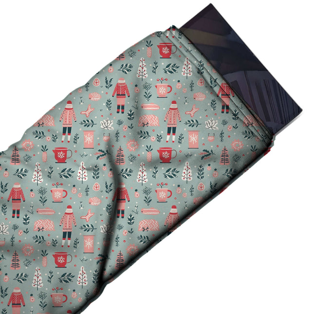 Flat fabric swatch: one-way all-over print of small standing figures in pink and red, design Design No_4683, Clothwala