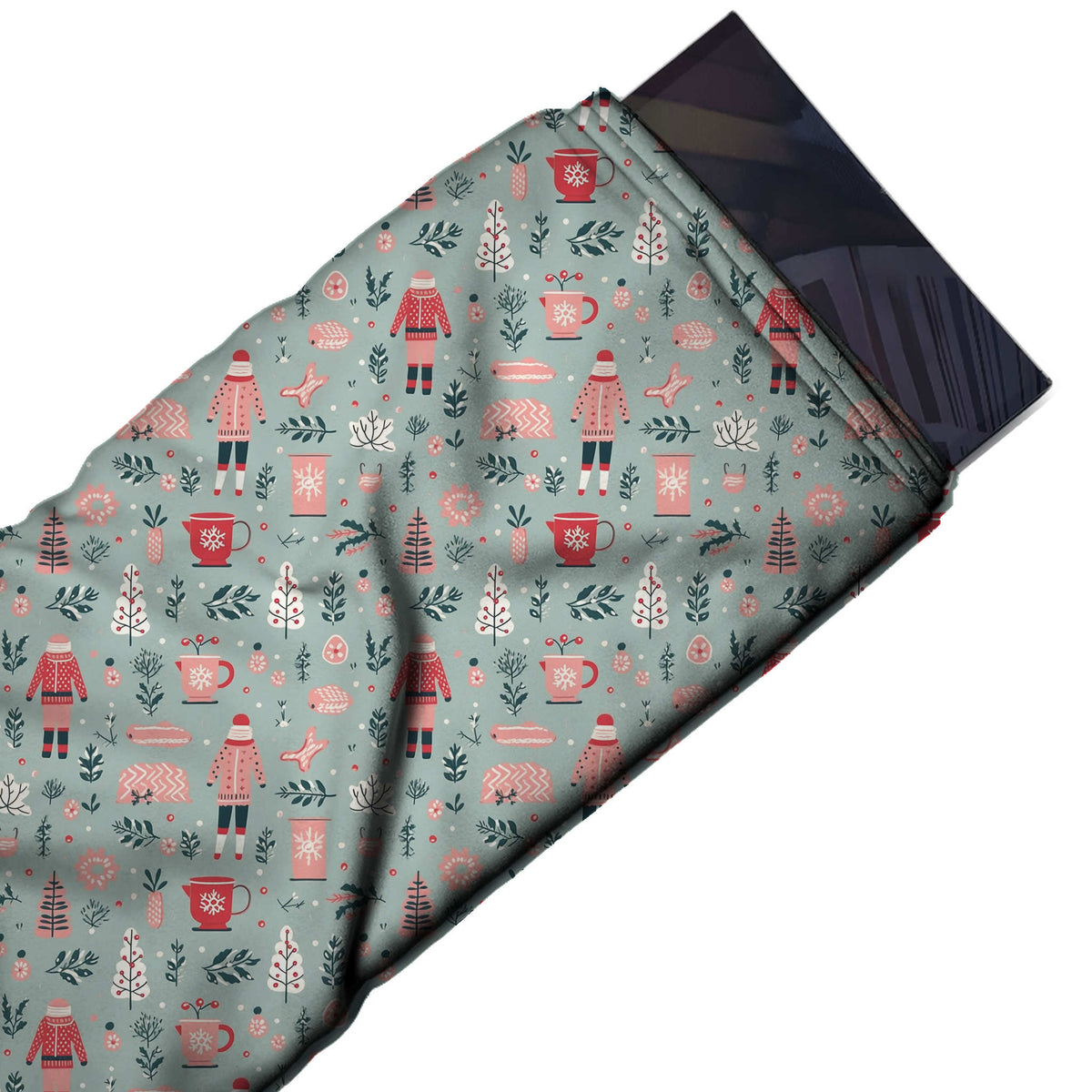Flat fabric swatch: one-way all-over print of small standing figures in pink and red, design Design No_4683, Clothwala