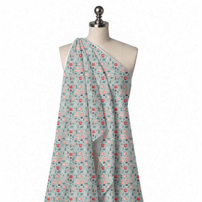 Draped on a mannequin: one-way all-over print of small standing figures in pink and red, design Design No_4683, Clothwala