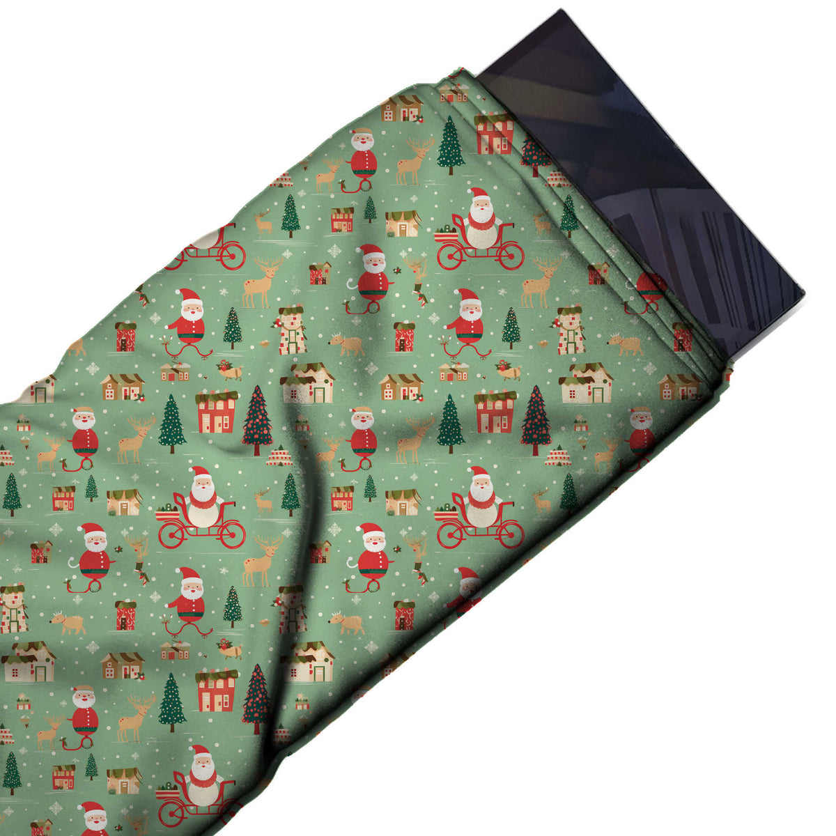 Flat fabric swatch: one-way scattered layout of Santa riding a red bicycle, design Design No_4745, Clothwala