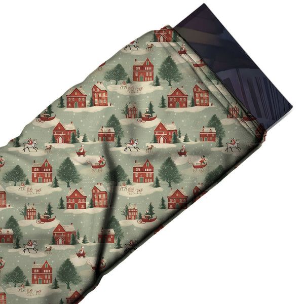 Sage Grey & Brick Red Houses & Sleds Printed Printed American Crepe Fabric Fabric