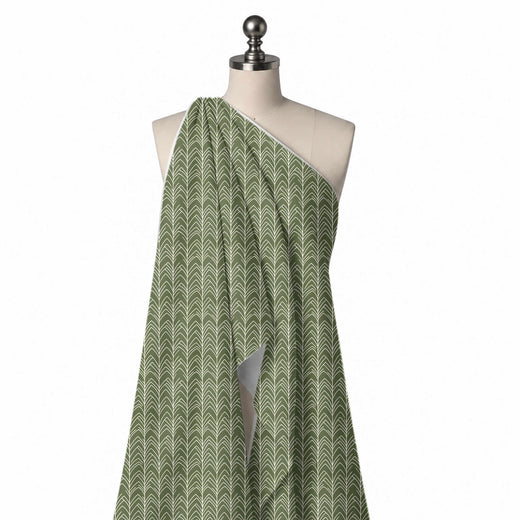 Sage Olive & Pale Ivory Feather Vein Chevron Printed French Crepe Fabric