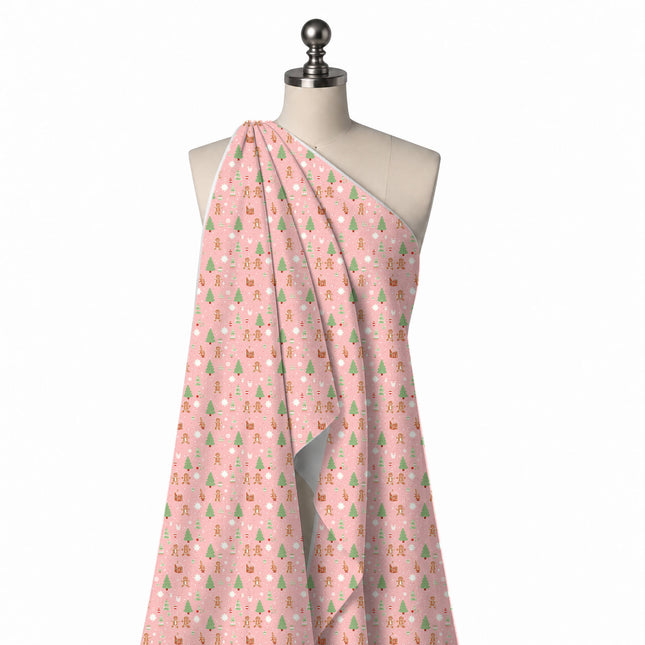 Draped on a mannequin: open scattered one-way festive print of small sage green fir trees, design Design No_4893, Clothwala
