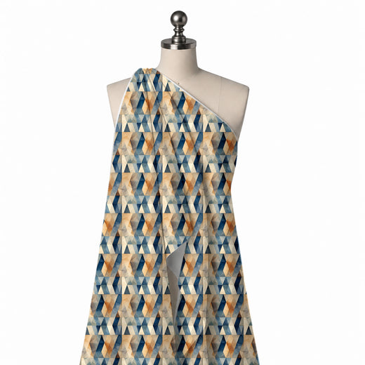 Sand Beige & Navy Blue Elongated Diamond Lattice Printed Moss Crepe Fabric