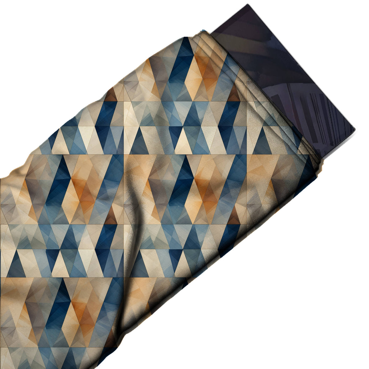 Sand Beige & Navy Blue Elongated Diamond Lattice Printed Moss Crepe Fabric - flat fabric swatch, design Design No_3803, Clothwala