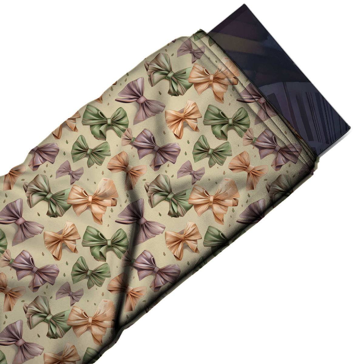 Flat fabric swatch: dense tossed layout of medium shaded bows in green, mauve and peach, design Design No_4402, Clothwala