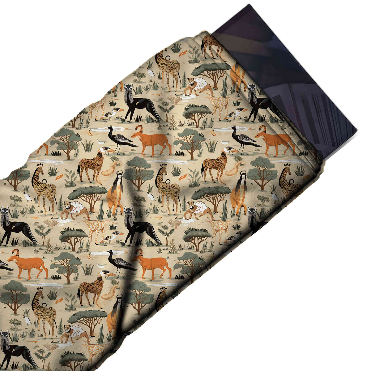 Sand Beige & Orange Antelope & Acacia Savannah Printed Moss Crepe Fabric - flat fabric swatch, design Design No_3877, Clothwala