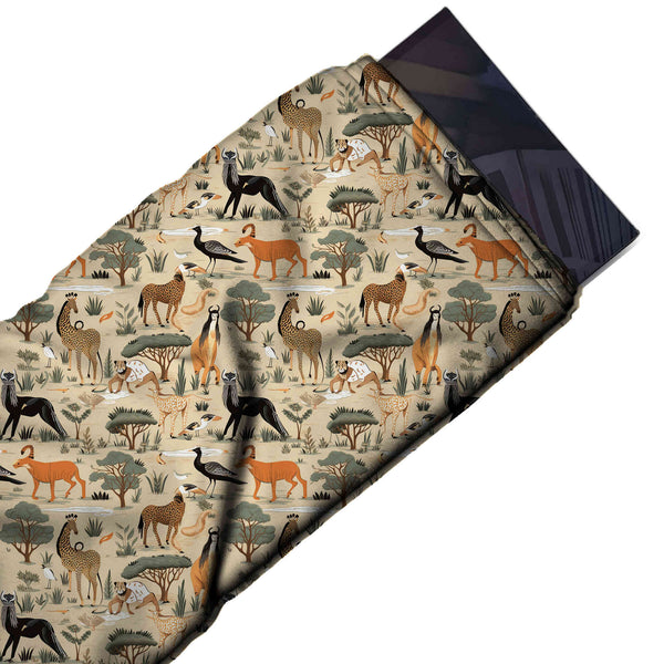 Sand Beige & Orange Antelope & Acacia Savannah Printed Moss Crepe Fabric