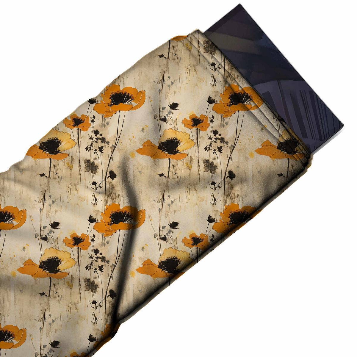 Flat fabric swatch: one-way meadow layout of medium-scale orange and golden yellow poppies, design 3649, Clothwala