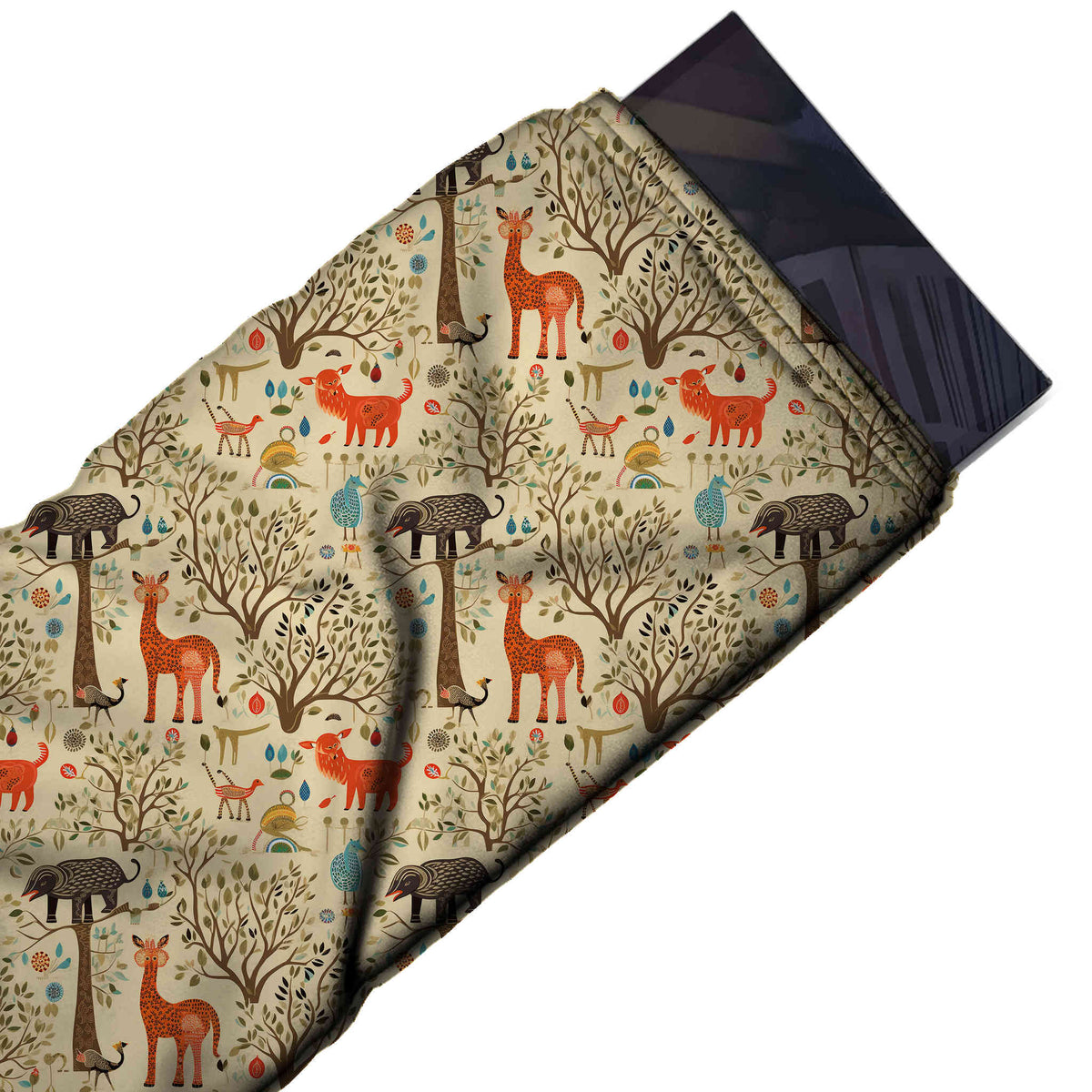 Sand Beige & Red Orange Deer & Branching Trees Printed Moss Crepe Fabric - flat fabric swatch, design Design No_3868, Clothwala