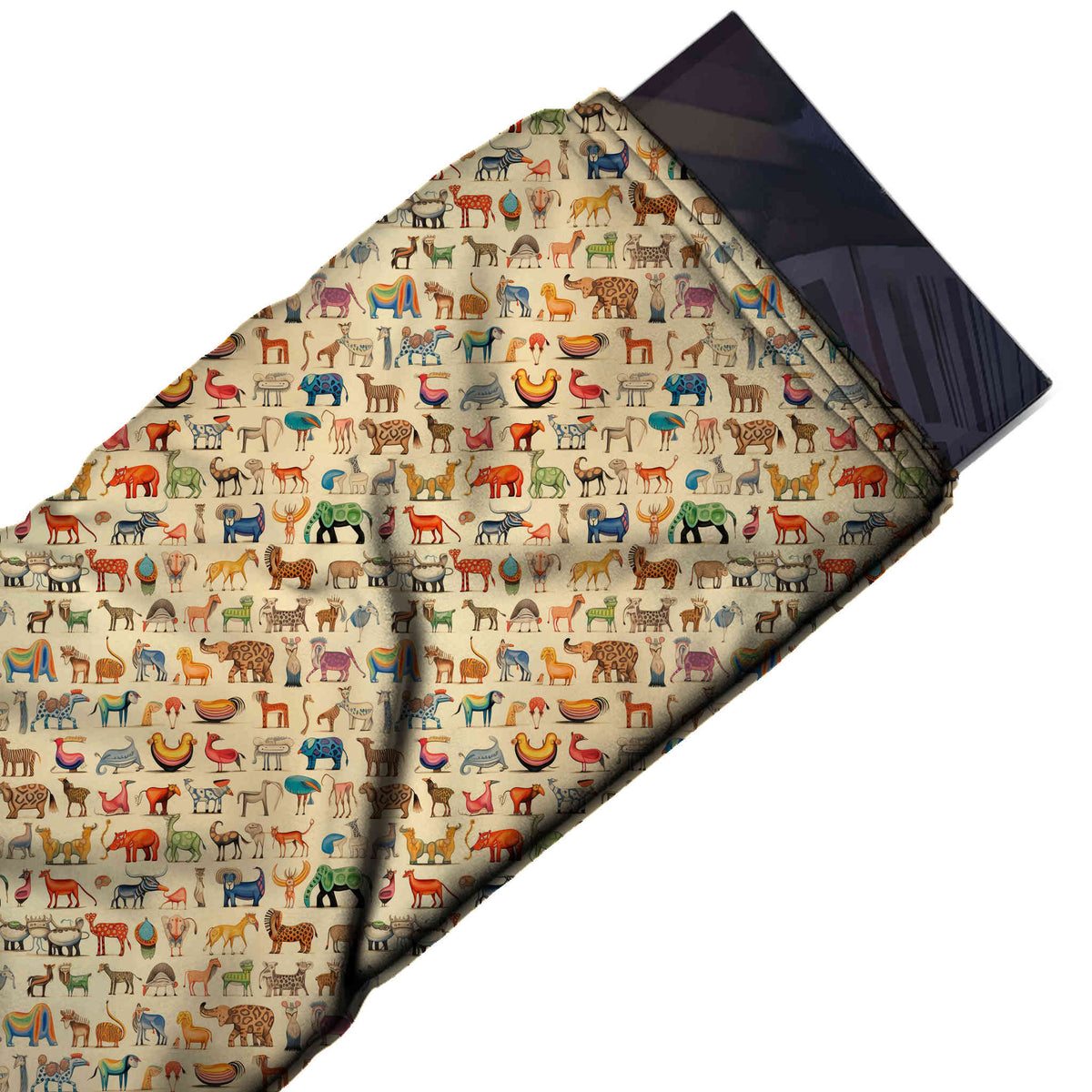 Sand Beige & Rust Orange Tiny Animal Rows Printed Moss Crepe Fabric - flat fabric swatch, design Design No_3863, Clothwala