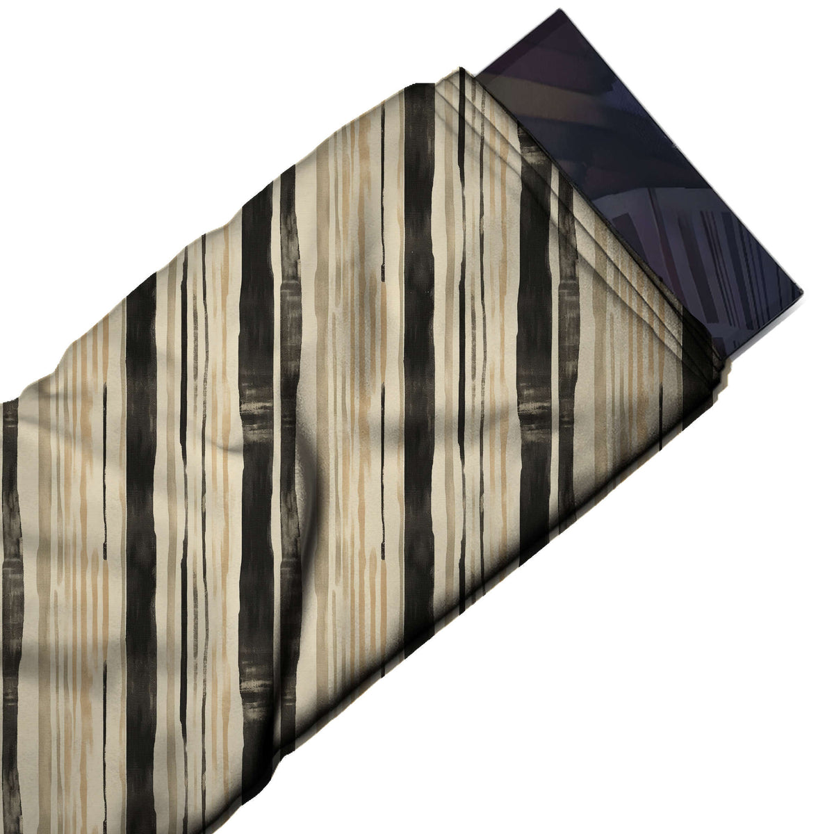 Flat fabric swatch: vertical stripe layout of wide black ink-wash stripes with uneven, design Design No_3985, Clothwala