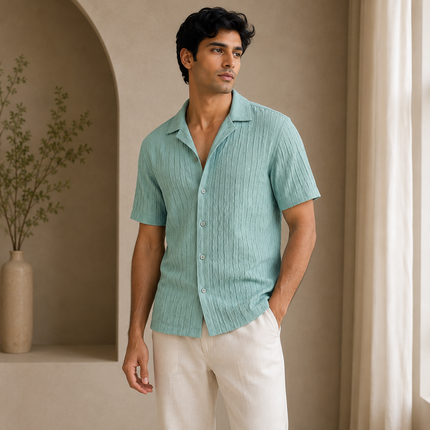 Seafoam Green Solid Lycra Dobby Check Pattern Fabric — design 909H7-ABJI/DS-558, Clothwala
