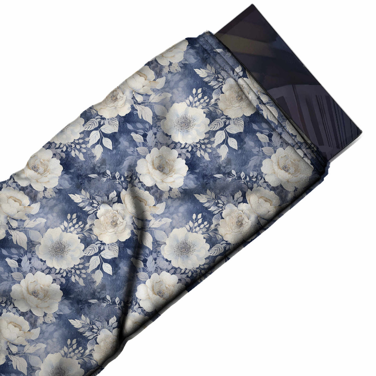 Flat fabric swatch: all-over floral of off white roses and open blooms grouped with lavender grey, design 3532, Clothwala