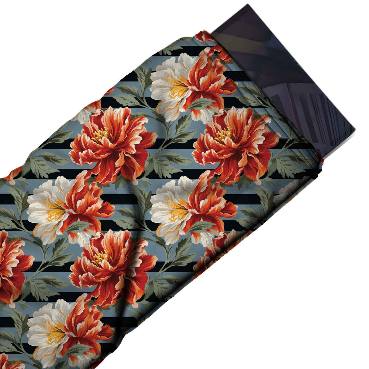 Flat fabric swatch: all-over half-drop of medium-large red-orange and cream-white peonies, design Design No_4287, Clothwala
