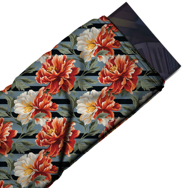 Slate Blue & Red Orange Peony On Stripe Printed French Crepe Fabric