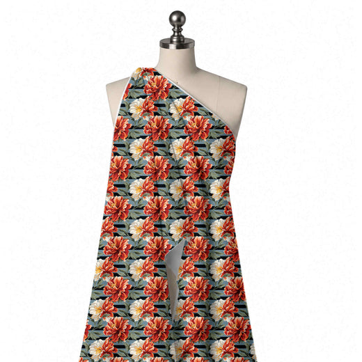 Slate Blue & Red Orange Peony On Stripe Printed French Crepe Fabric