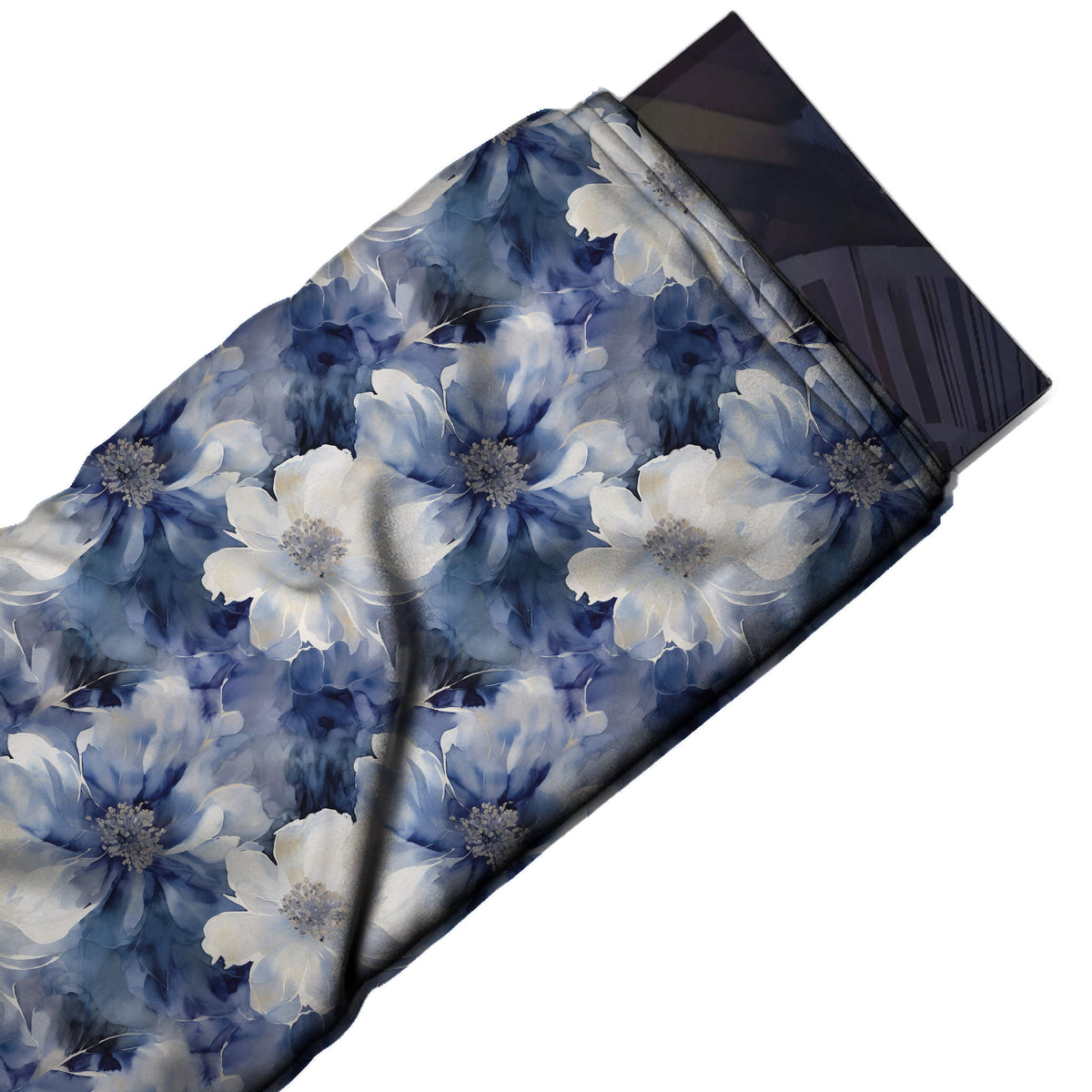 Flat fabric swatch: packed all-over floral with large white open blooms overlapping slate blue, design 3530, Clothwala