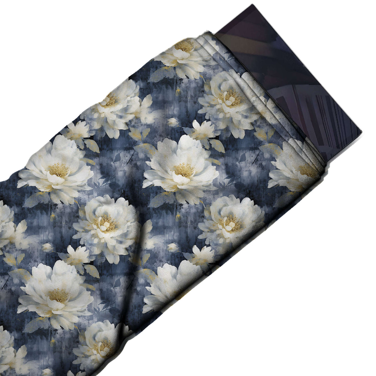 Flat fabric swatch: all-over floral of large white peonies with yellow centres and small buds, design 3527, Clothwala