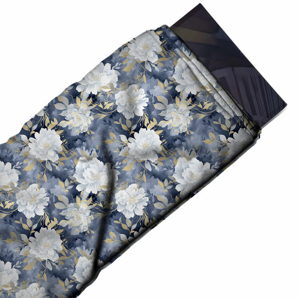 Slate Blue & White Peony & Gold Leaf Printed Moss Crepe Fabric