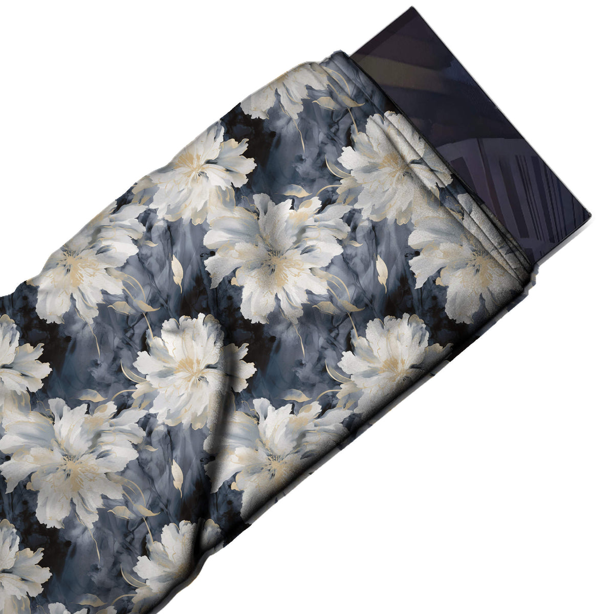 Flat fabric swatch: all-over floral of large white feathery-petalled blooms with cream centres, design 3522, Clothwala