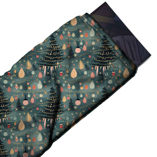Flat fabric swatch: one-way festive print of black tiered fir trees with cream scalloped, design Design No_4929, Clothwala